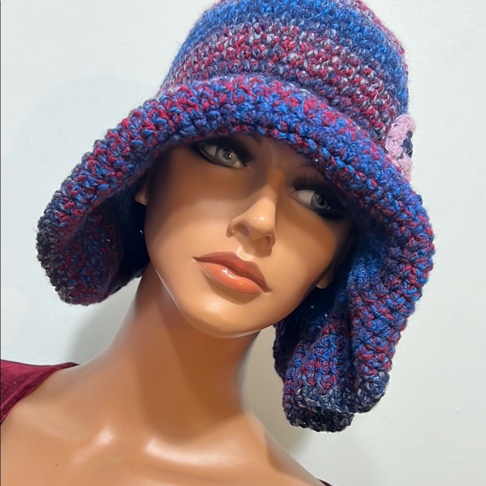 Handmade Blue & Purple Knit Bucket Hat with Ear Flaps